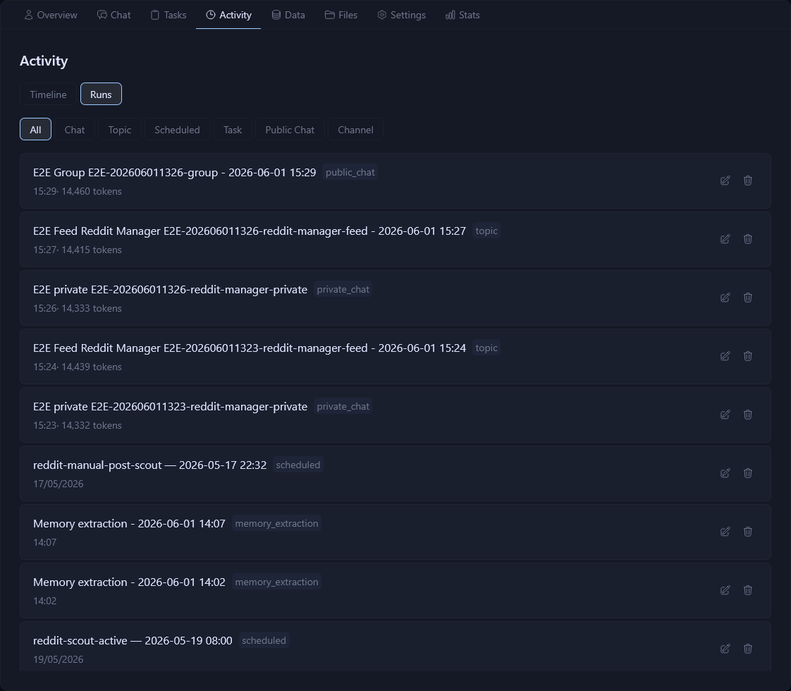 Apprentice activity runs list showing agent history