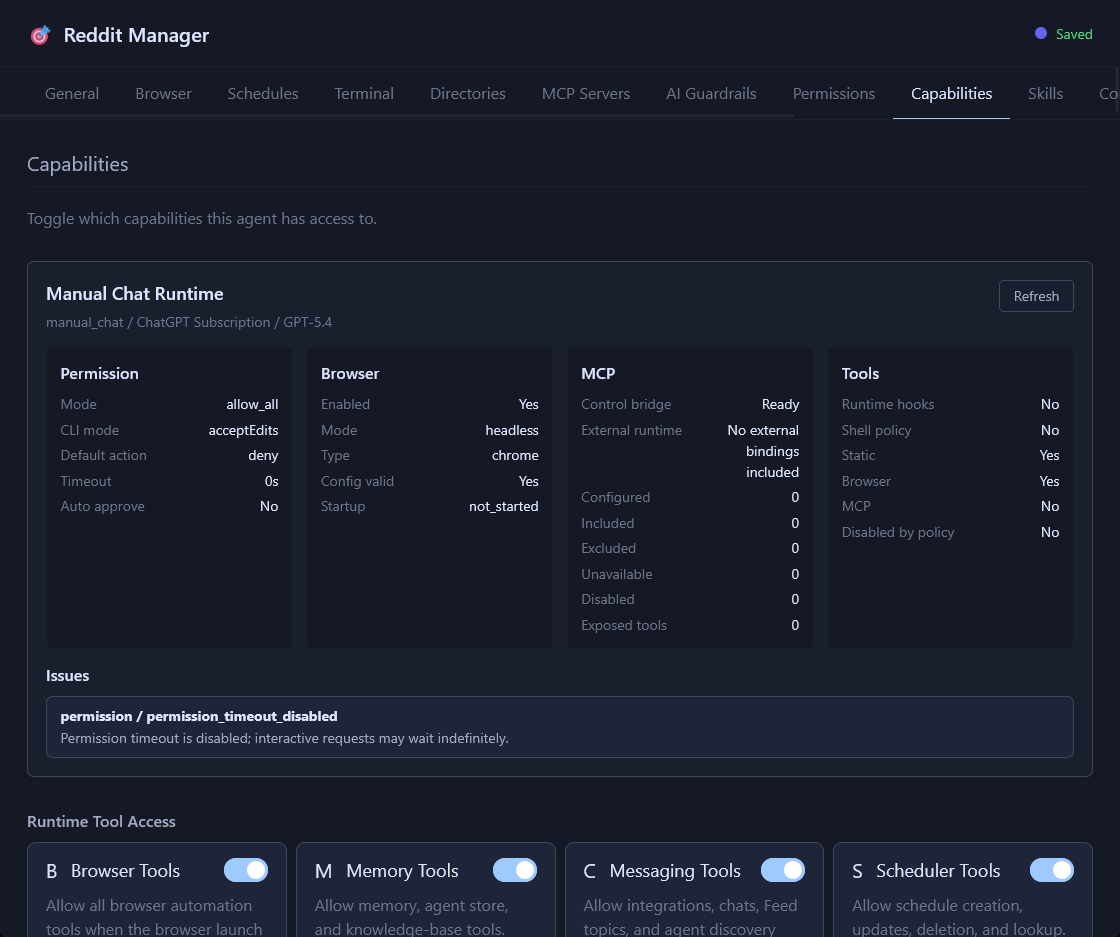 Apprentice agent capabilities and runtime tool access settings