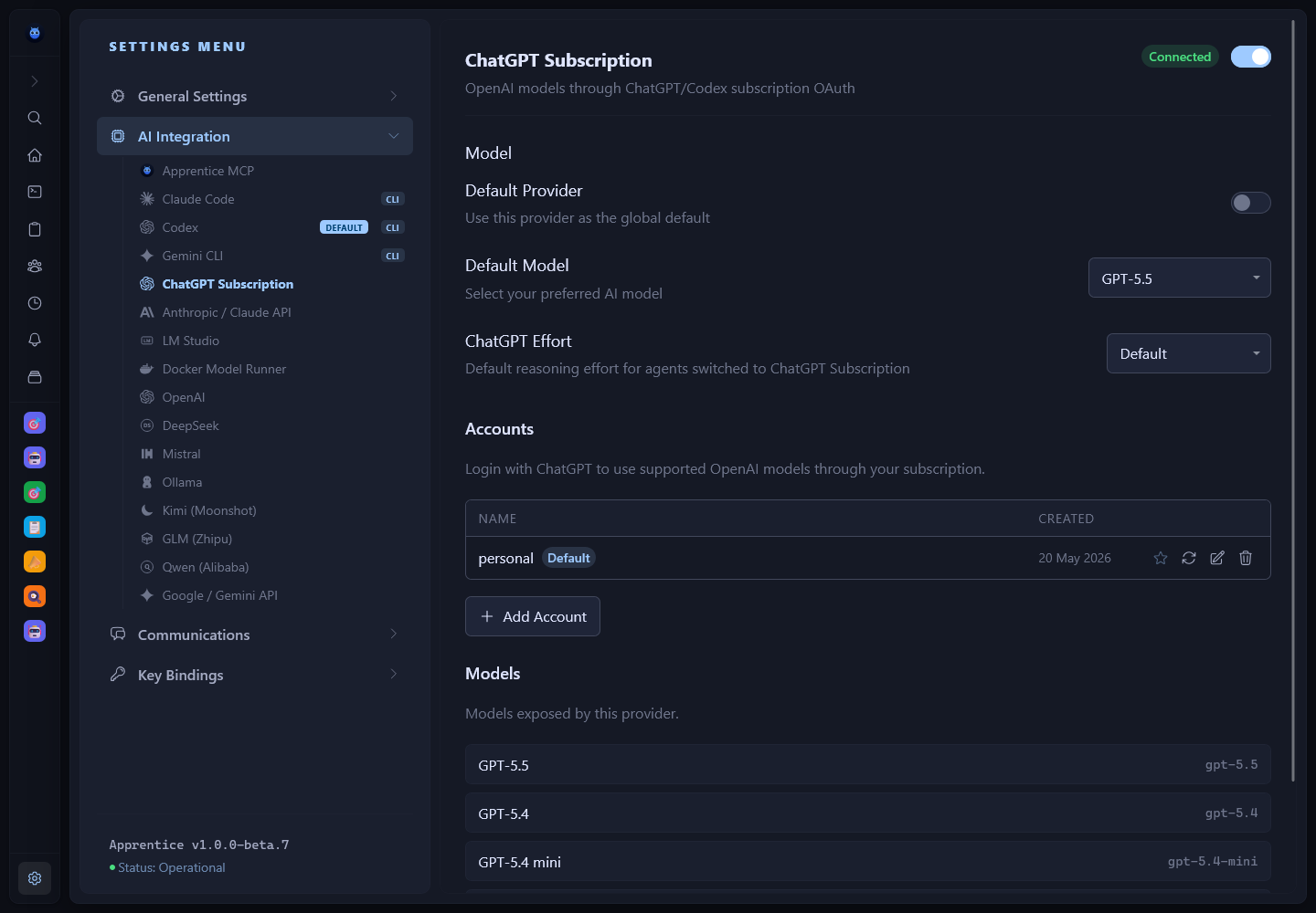 Apprentice provider settings with connected account and model list
